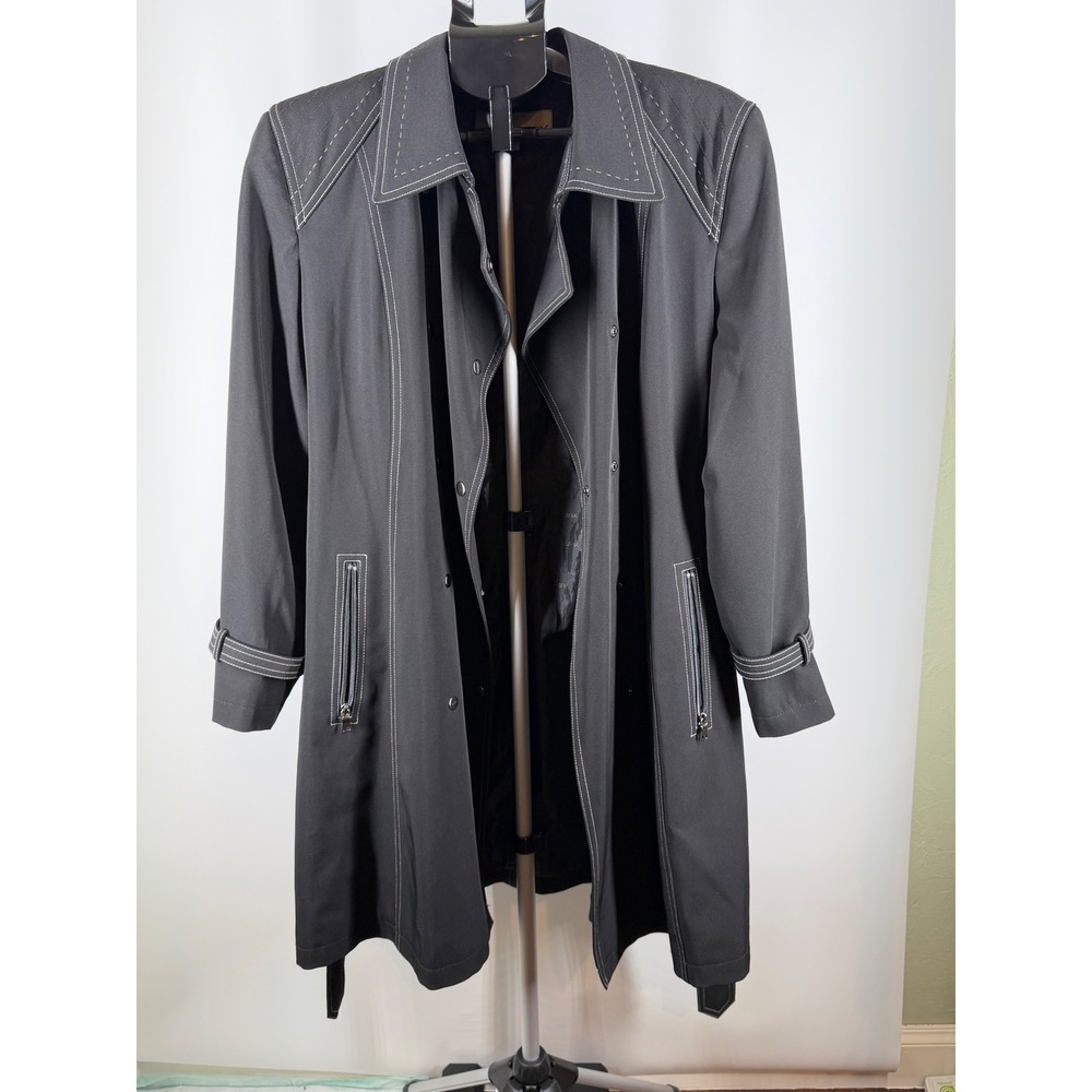 Utex Black Contrast Stitch Double Breasted Trench Coat‎ Belted Petite L